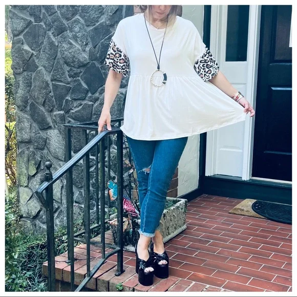 #26 Boho Leopard Trim sleeves tunic soft Flowy baby doll top - Picture 6 of 10